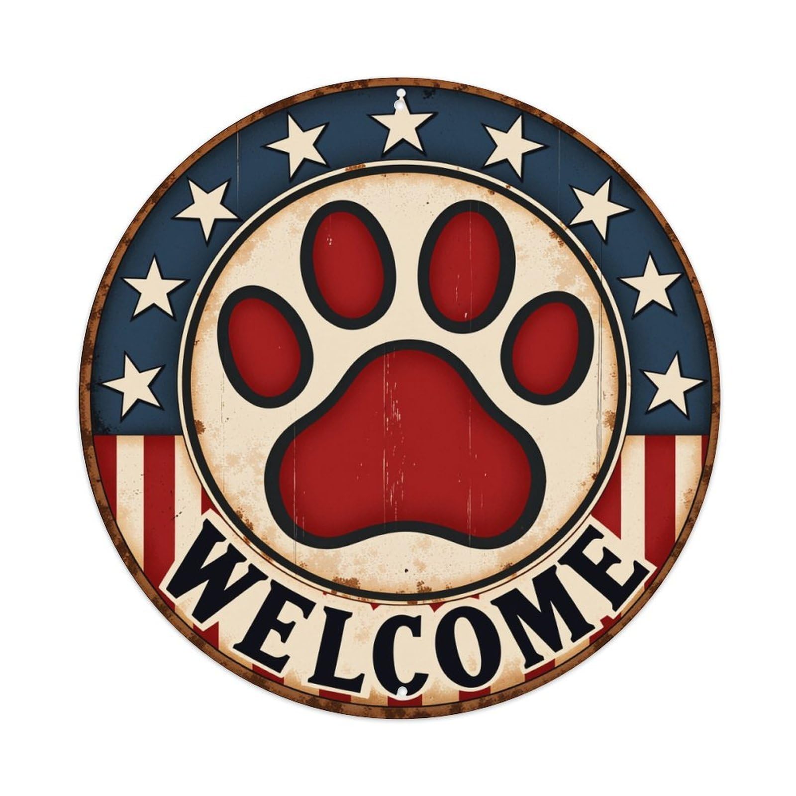 Paw Print American Flag Welcome Sign Round Tin Sign Vintage Metal Poster, Home Bar Garage Man Cave Cafe Indoor & Outdoor Wall Decoration 8x8Inches