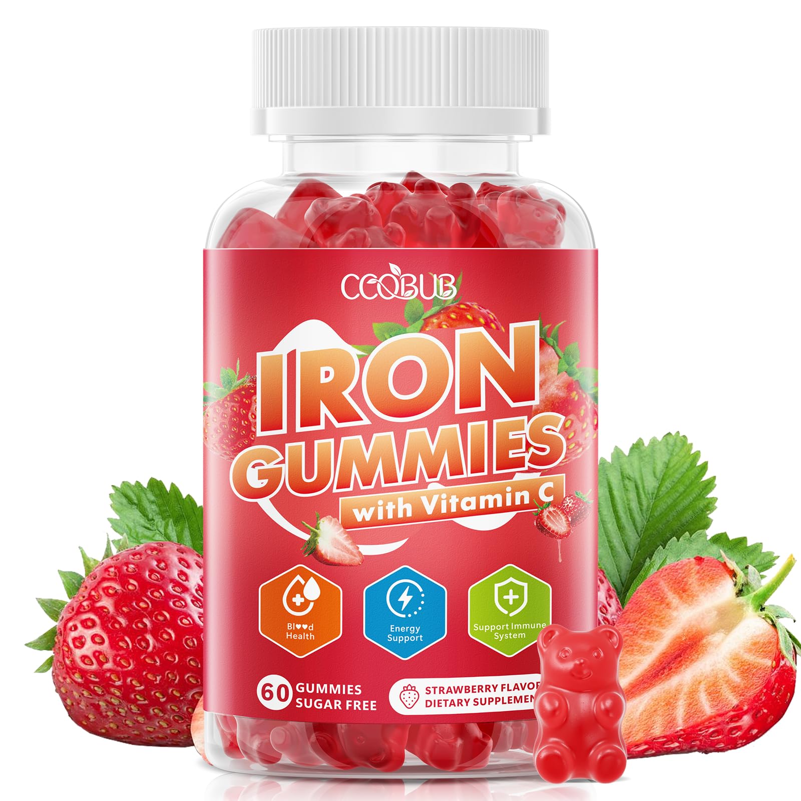 CCOBUB Gomas de Ferro com Vitamina C 18 mg e 30 mg, 60 gomas