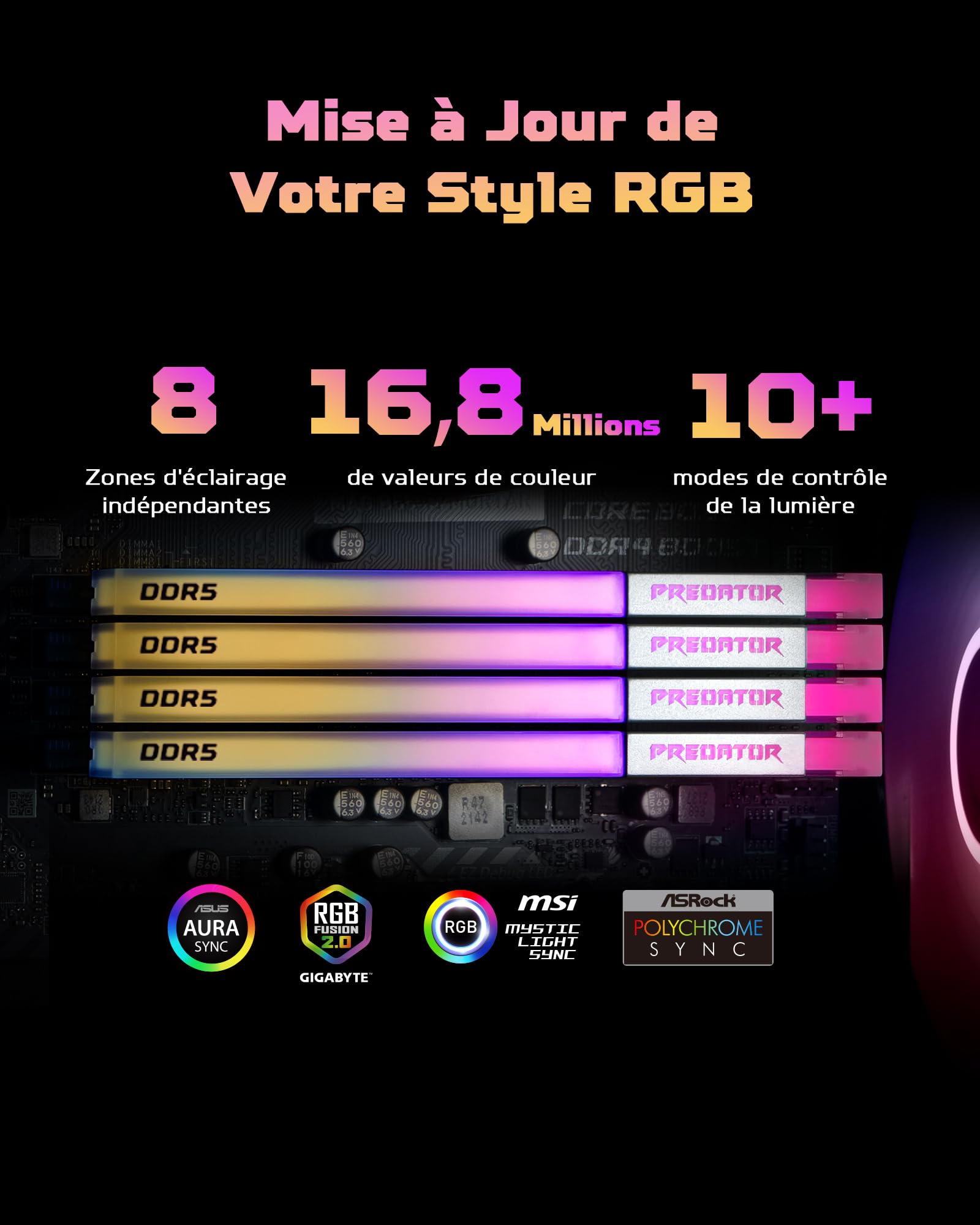 Acer Predator Vesta II DDR5 RGB 32Go (16Go x 2) 6000MHz CL36 - Compatible avec Intel XMP 3.0 et AMD Expo - Mémoire de Travail pour Ordinateur de Jeux PC (Noir)