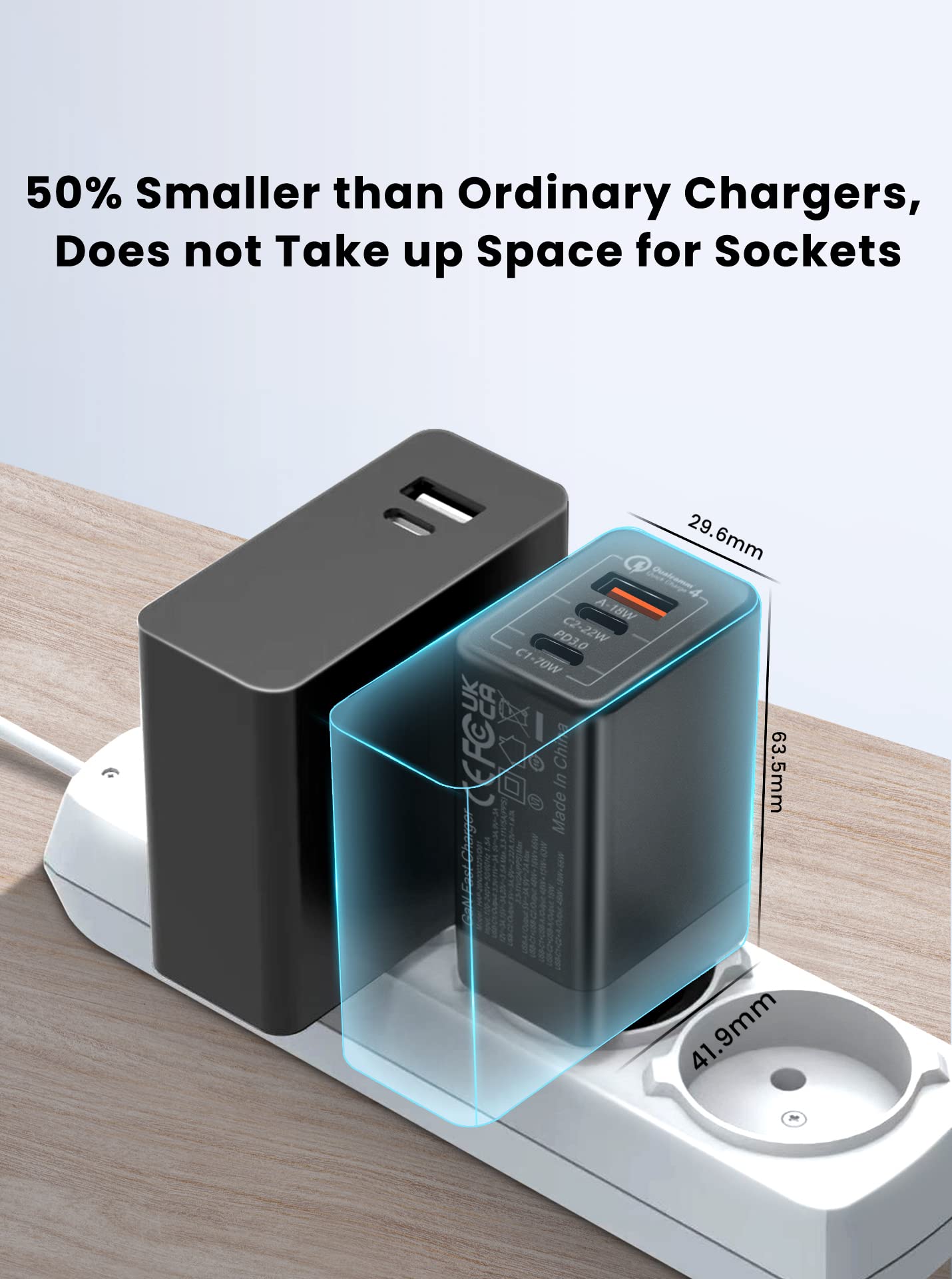 70W USB C Chargeur Rapide, 3 Ports PD 3.0 GaN Chargeur Adaptateur Type C avec Câble 100W pour MacBook Pro/Air, Dell XPS 15, iPhone 16/15/14, iPad Pro, Google Pixel, Samsung Galaxy S24/S23, Steam Deck
