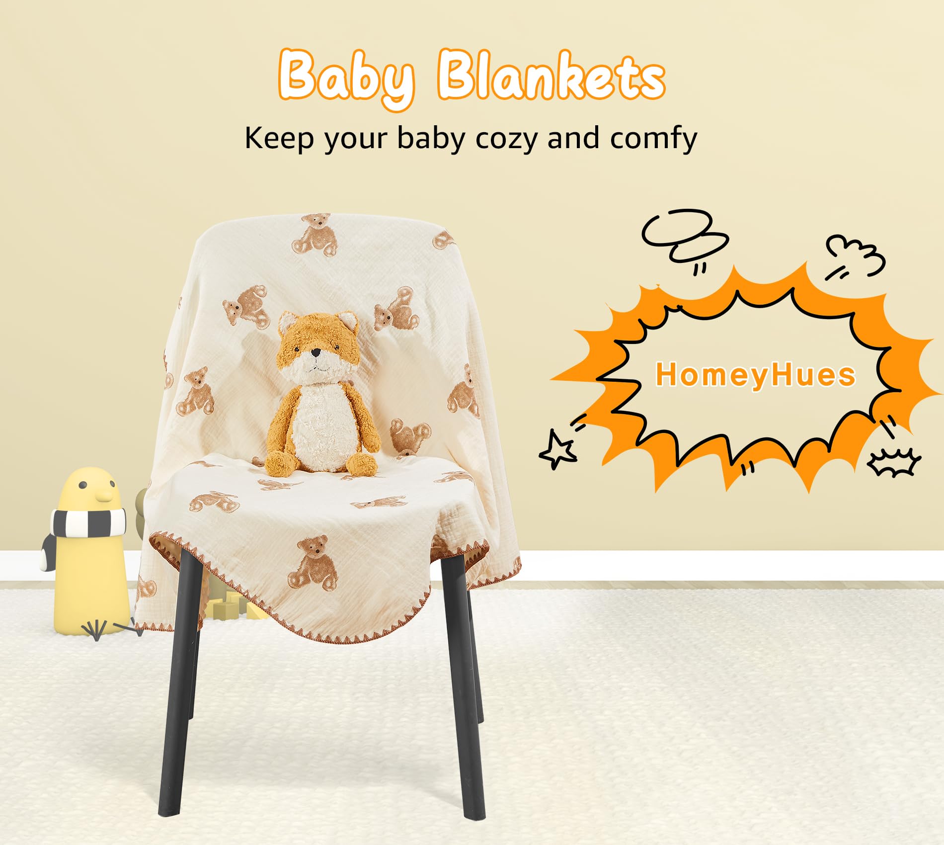 Baby Blanket Double Layer Cotton 40 x 40 Soft Receiving Blanket with Pattern Machine Washable Brown Bear