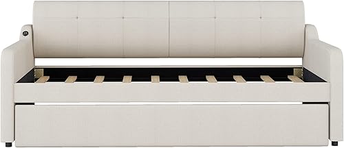 Miniatura 9 de SIYSNKSI Sofá cama de tapicería de tamaño individual con altura ajustable y diseño de carga USB sofá cama de tela tejida sofá cama para dormitorio