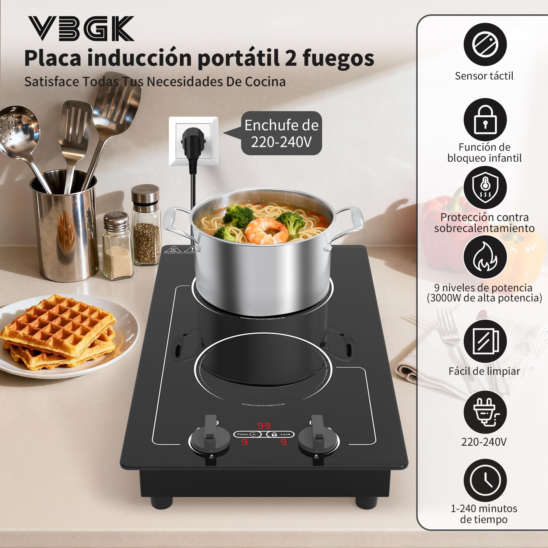 VBGK induccion 2 fuegos,220V 3000W placa induccion 2 fuegos con pantalla táctil LED, 10 niveles de potencia, bloqueo infantil y temporizador, protección contra sobrecalentamiento