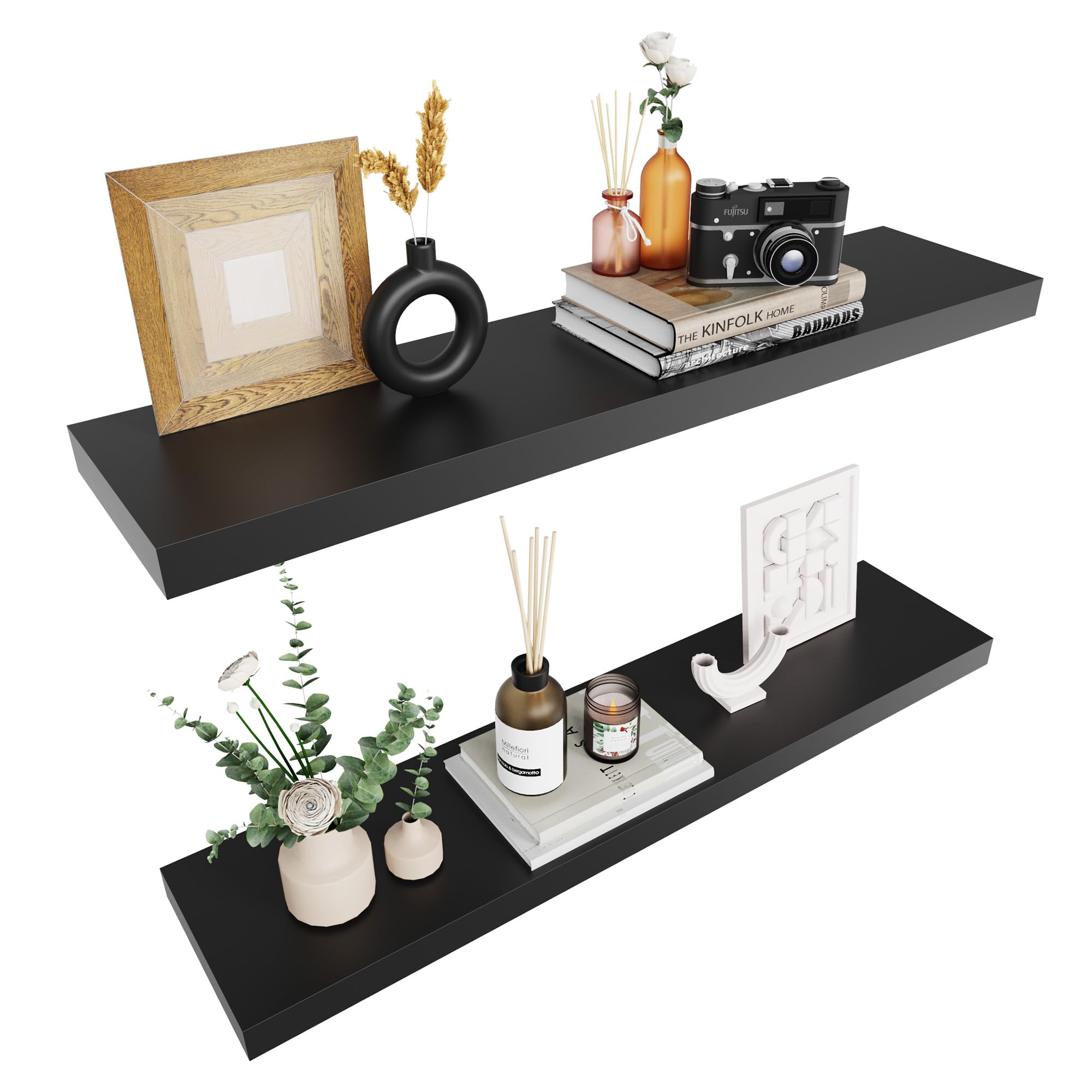 Colima Floating Shelves for Wall Black Wood Wall Shelf for Bedroom, 36 Inch Wall Mounted Floating Shelves for Bathroom Living Room Kitchen Office, 1.3" Thick Floating Book Shelves for Wall, Set of 2