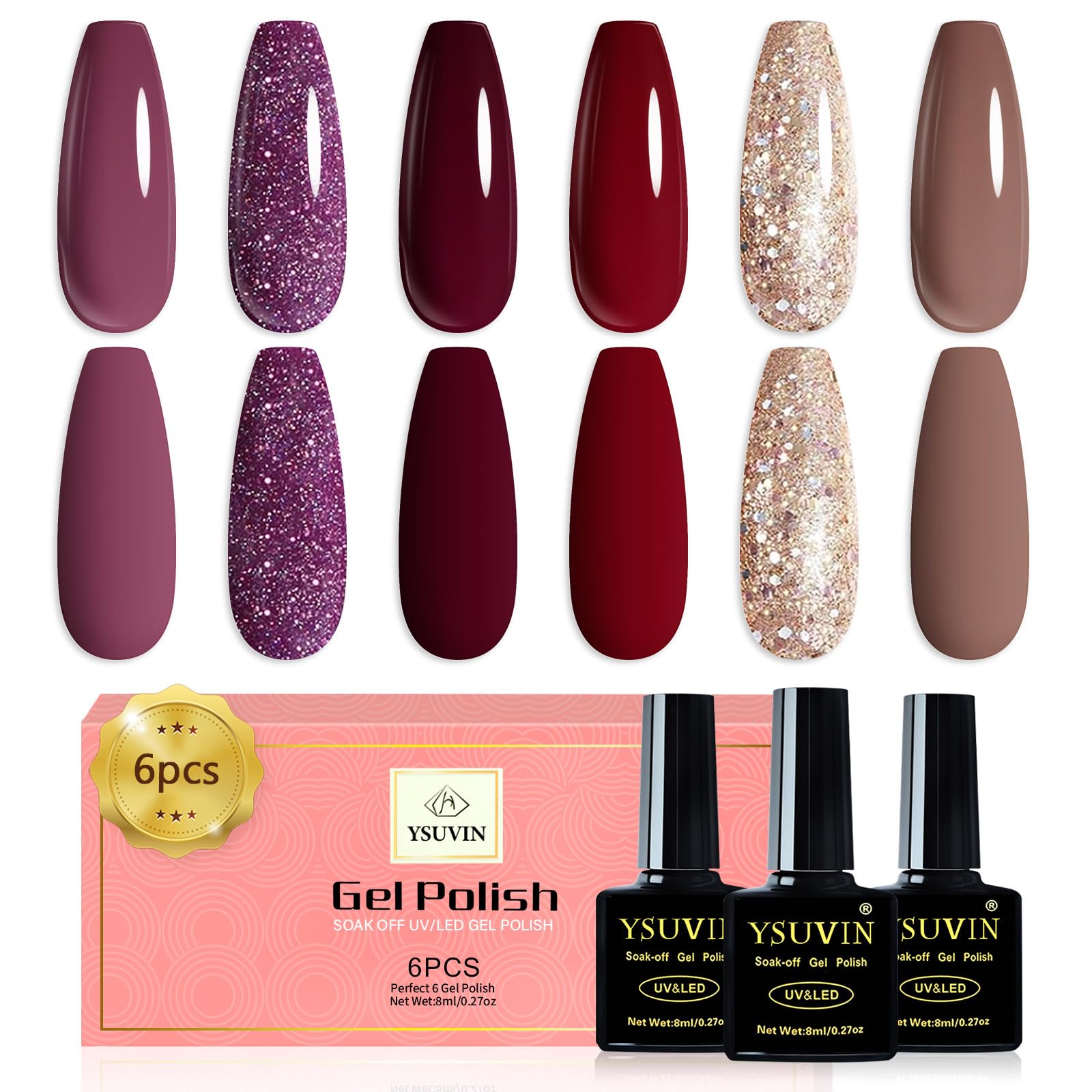 YSUVIN Esmaltes Semipermanentes, 6 Colores Rojo Burdeos Morado Oscuro Granate Marrón Glitter Dorado Pintauñas Gel Soak Off UV Para Otoño Invierno Nail Art Salón de Manicura Francés, 8 ML