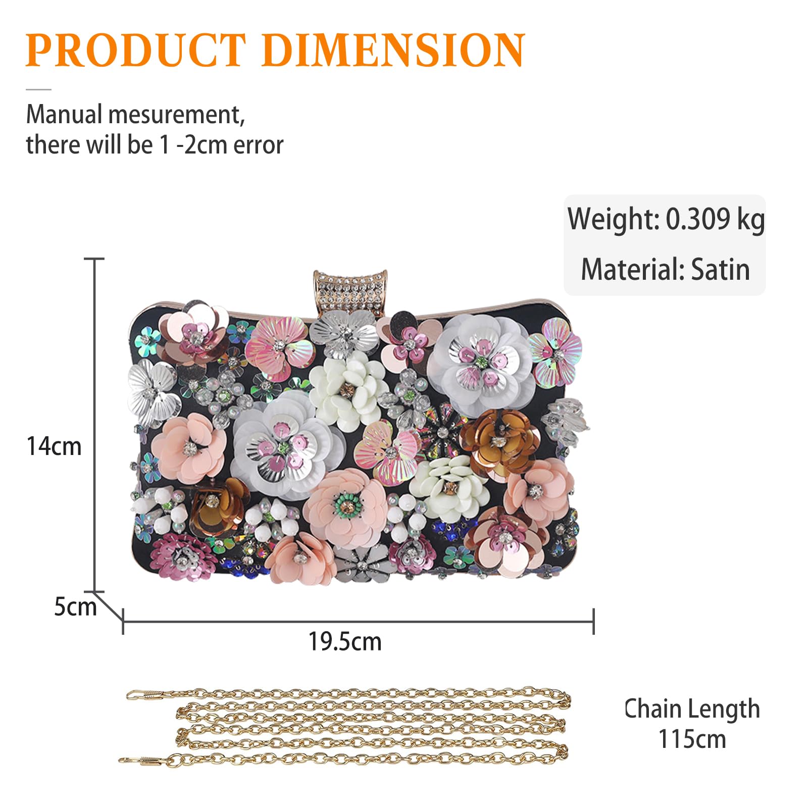 CORIOS Damen Blumen Abendtasche Shiny Strass Clutch Tasche Hochzeit Bag Kette Handtasche Elegante Schultertasche Perle Umhängetasche für Hochzeit Abschlussball Bankett-Party Schwarz