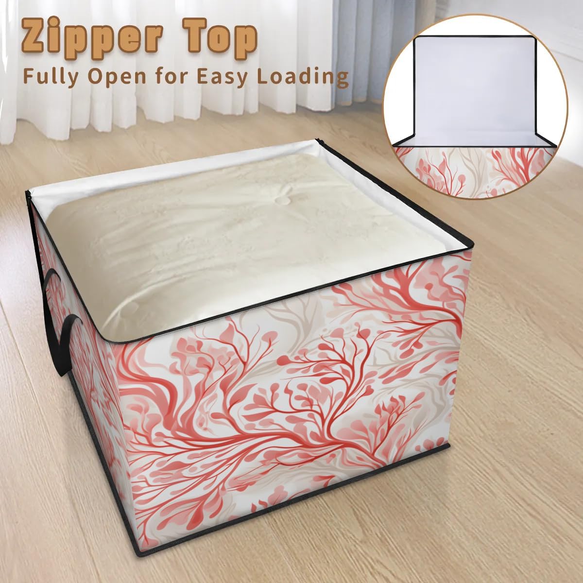 Honeybaby 214L Extra Large Comforter Storage Bag Abstract Branch Leaves Storage Totes with Lids Waterproof Closet Organizer Folding Blanket Storage Bags for Clothes Bedding Pillows