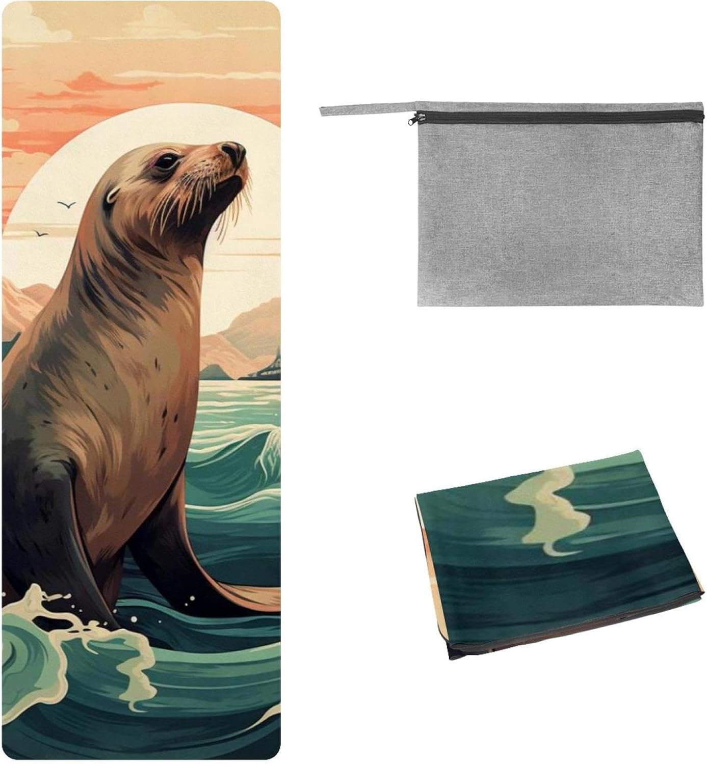 Yoga Towel, Sea Lion Pattern Non Slip Sweat Absorbent Hot Yoga Mat Towel for Hot Yoga, Pilates and Fitness - 72.8" x 26.8"