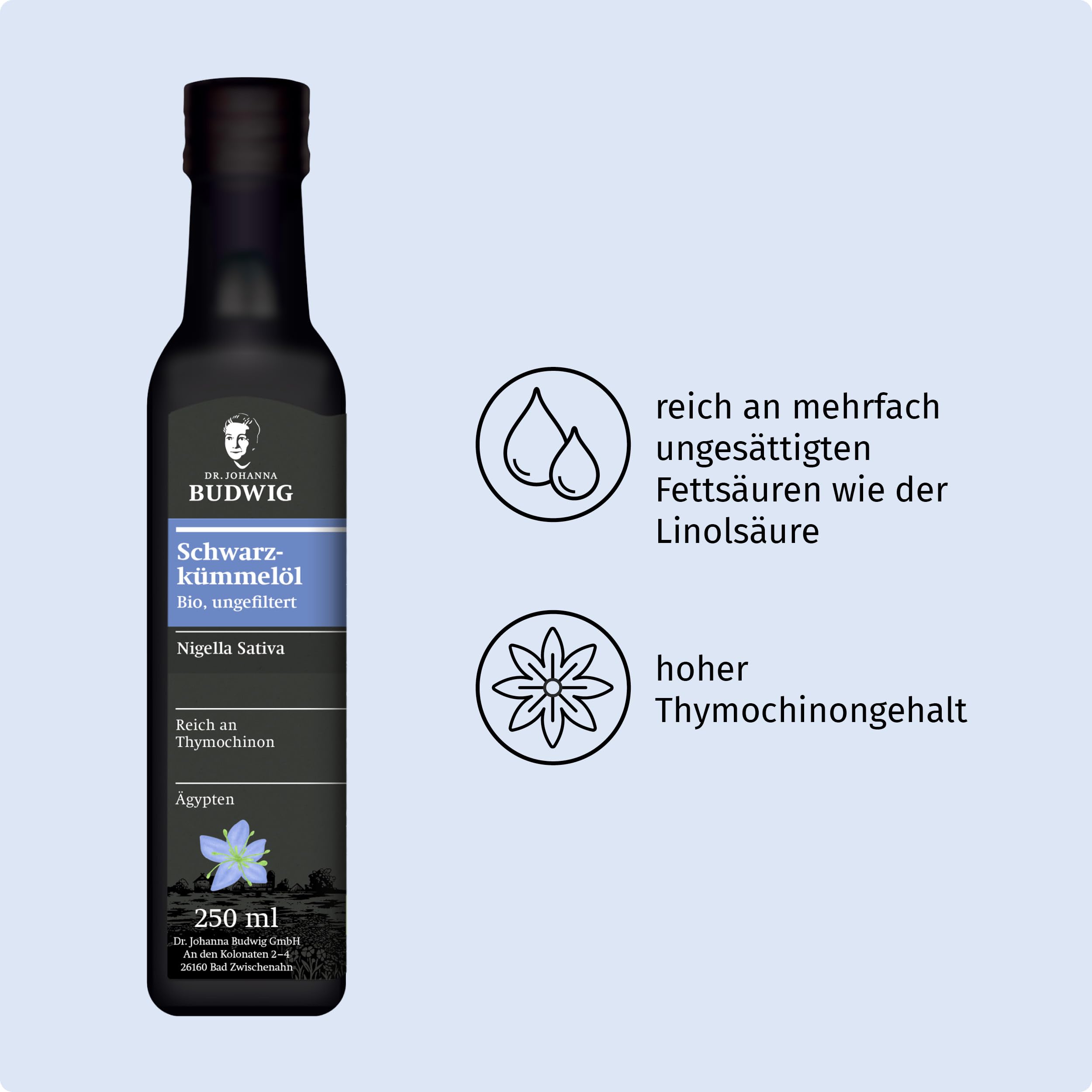 Dr. Budwig Premium Bio Schwarzkümmelöl ungefiltert (250ml) - nigella sativa - ätherisches Öl aus Ägypten - Vitamin E - 760mg Thymochinon - Linolsäure - kaltgepresst - laborgeprüft - naturrein