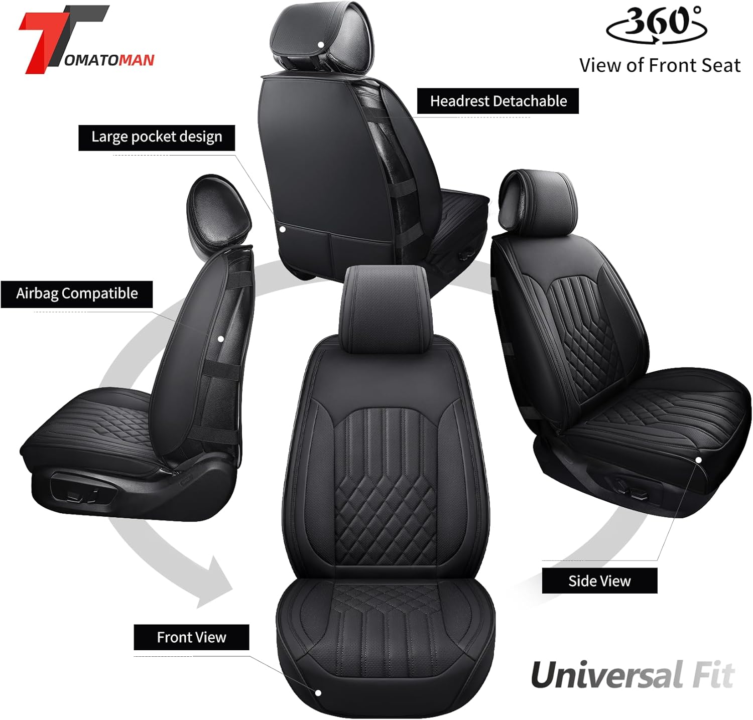Tomatoman Seat Covers Compatible with Ford Focus Nissan Frontier Pathfinder Mitsubishi Outlander Chevy Equinox Hyundai Elantra Toyota Highlander Cadillac DTS(2PCS Front/Black)