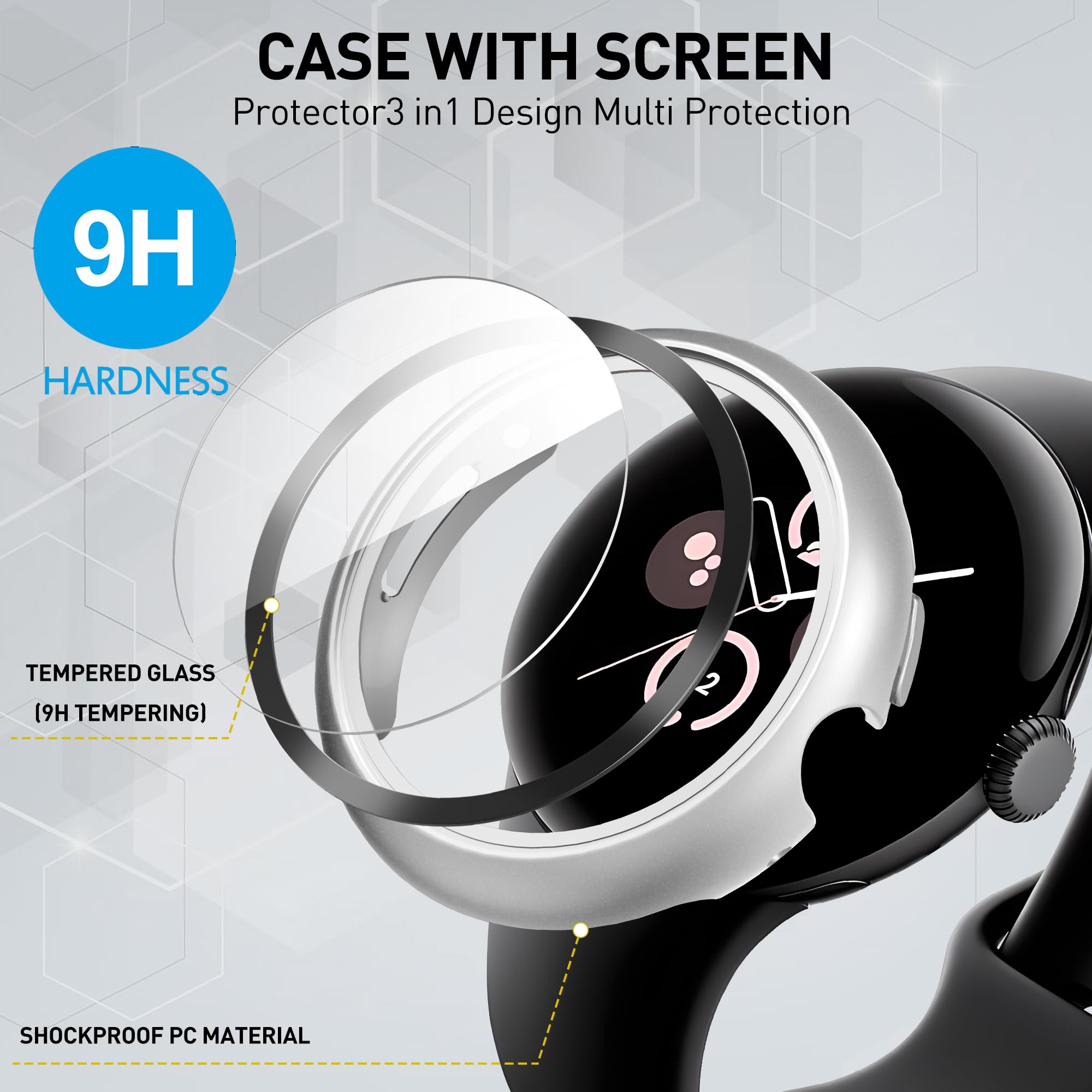 Diruite 3-Pack Screen Protector for Google Pixel Watch 3/2/1 41mm Tempered Glass Case All Around Hard PC Protective Cover,Black&Silver&Transparent - Image 4