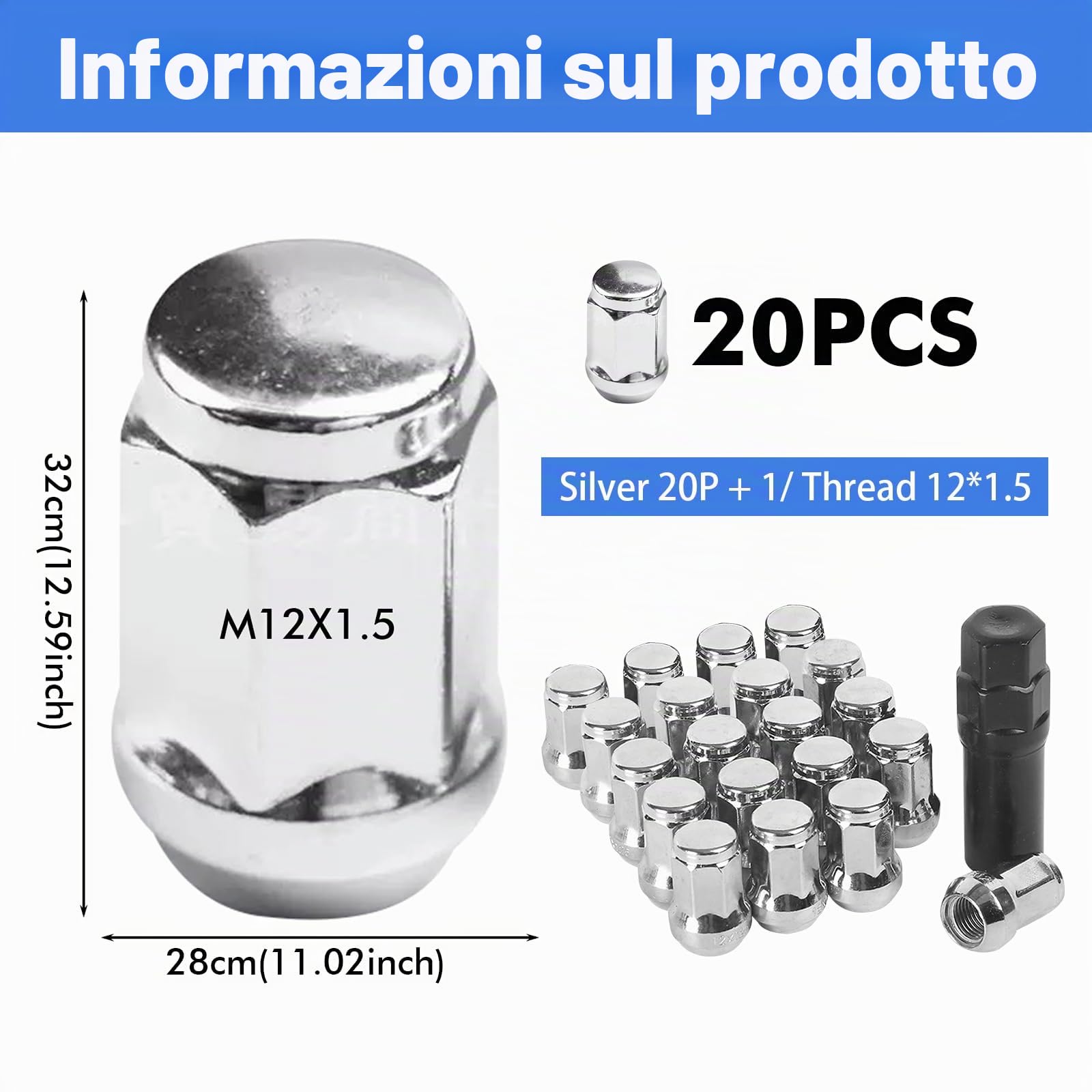 BAIFULAI 20 x dadi per ruote M12 x 1,5, dadi per ruote, tappi per viti cromate chiusi con base conica, 60°, SW 19mm, tappi per dadi per ruote per Ford, Toyota, Honda, Mazda - Argento