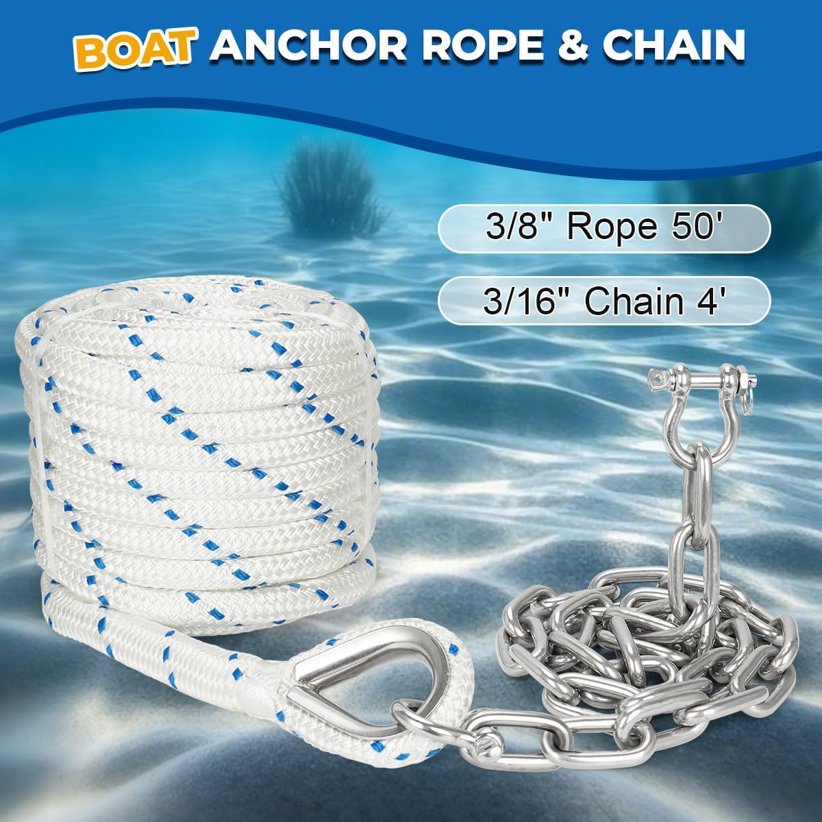 3/8" Boat Anchor Rope 50 FT with 316 Stainless Steel Anchor Chain 3/16" x 4 FT, 1/4" Anti-Off Shackles and 3/8" Thimble, Anchor Rode for Mooring, Boats Pontoon, Deck, Fishing, Sail