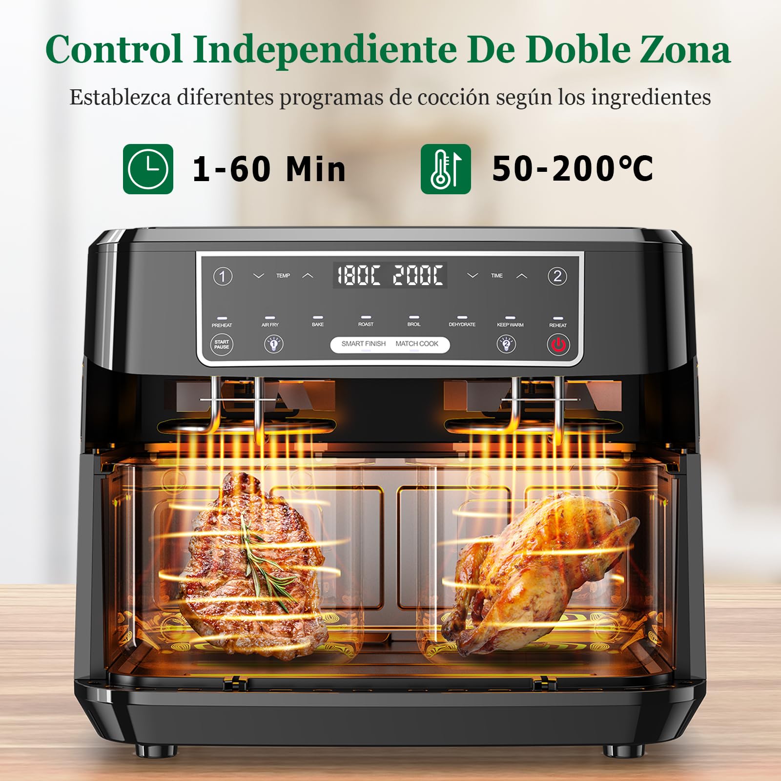 Freidora de Aire Doble Zona | 10L Freidora Aire Control Independiente Temperatura, 8-en-1 Freidora Sin Aceite con Ventana Observación Control Táctil máx 200℃, Air Fryer Grande 2600W Luz Incorporada