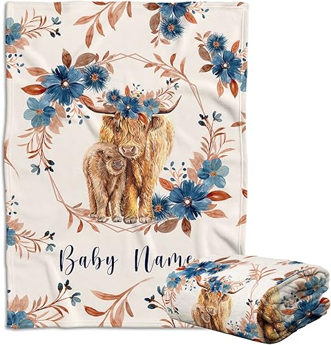 Highland Cow - Mantas de bebé para niña, mantas de bebé personalizadas para niñas, mantas de vaca bebé personalizadas con flores, mantas de felpa