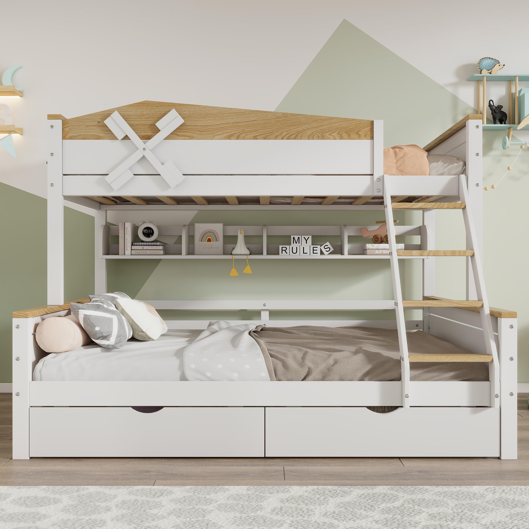 Rtopsu Kinderbett Etagenbett 90x200 cm & 140x200 cm mit Stauraum und Leiter,Hochbett mit Windmühle Hausbett Baumhaus Bett mit Lattenrost aus Holz und Rausfallschutz für 2-3 Kinder Weiß,Ohne Matratze