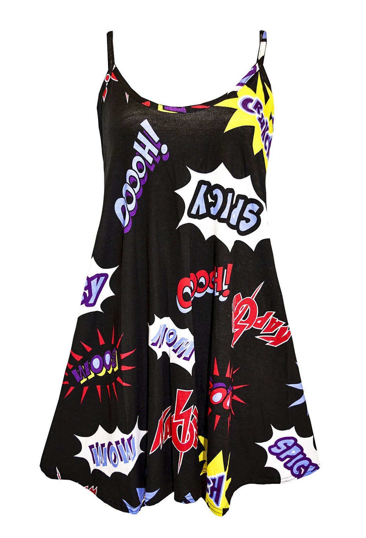 Girlzwalk Women's Kapow Black New Camisole Cami Flared Skater Strappy Swing Mini Dress Vest Top