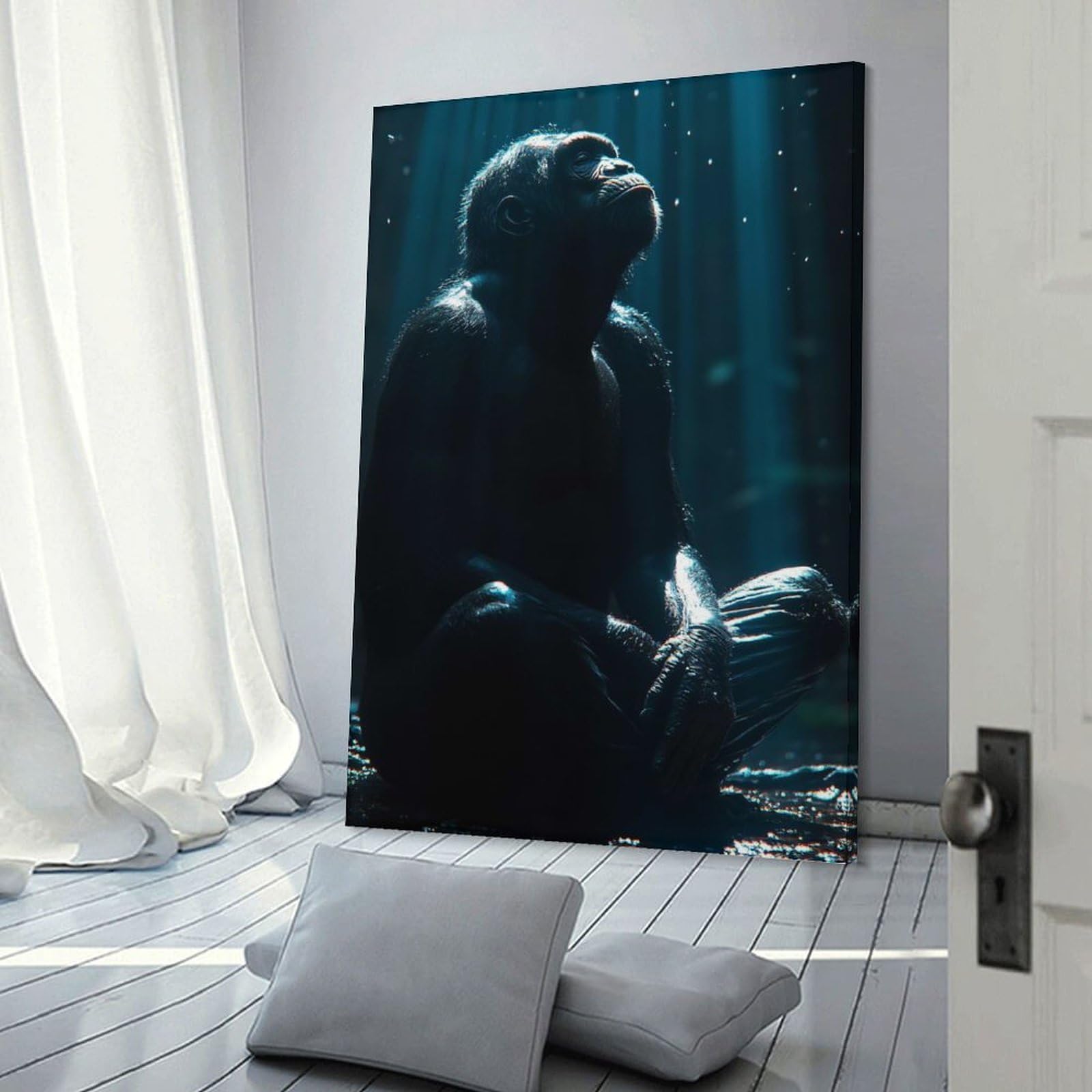 Junmoney Chimpanzee Gazing Upwards in Blue Light Home Decor Wall Art, 08x12inch(20x30cm), for Wall Displays, Bedrooms Or Room Updates, Ideal for Building A Coordinated Art Wall