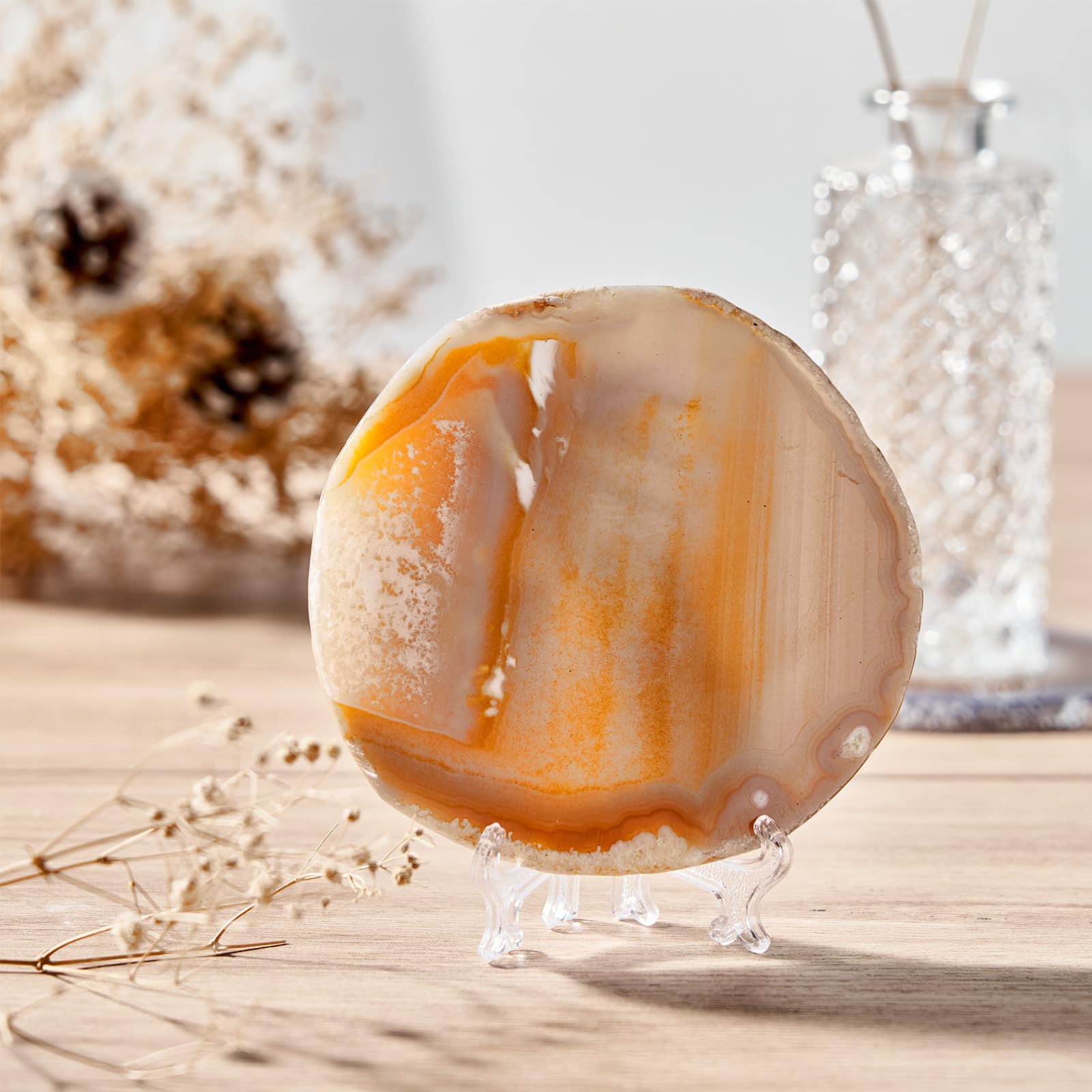 Single Agate Coaster Gemstone Slice for Coffee Table with Display Stand for Home Decor, Coaster for Kinds of Cups(1PK Natural Brown Agate Slice)