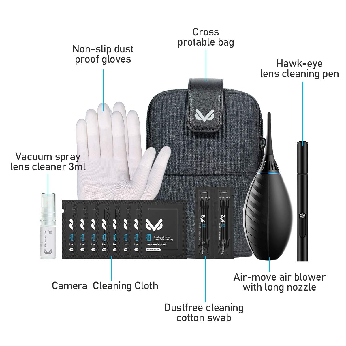 VSGO VS-A3E Warp-up Kamera Reinigungskit Tragbare Tasche Luftgebläse Objektiv Reinigung Stift Spray Baumwolltupfer Tuch für Kameralinse Optisches optisches Telefon