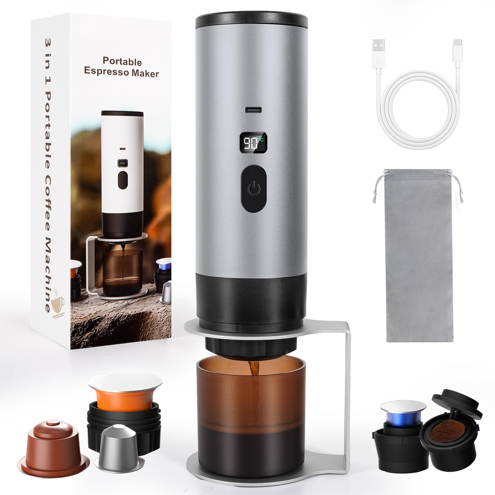 LAMA Portable Electric Espresso Machine, 3 in 1 Heating Travel Coffee Maker, 4-5 min Instant Self-Heating, Small Capsules, Large Capsules, Ground Coffee for Camping, RV, Office, Home Grey