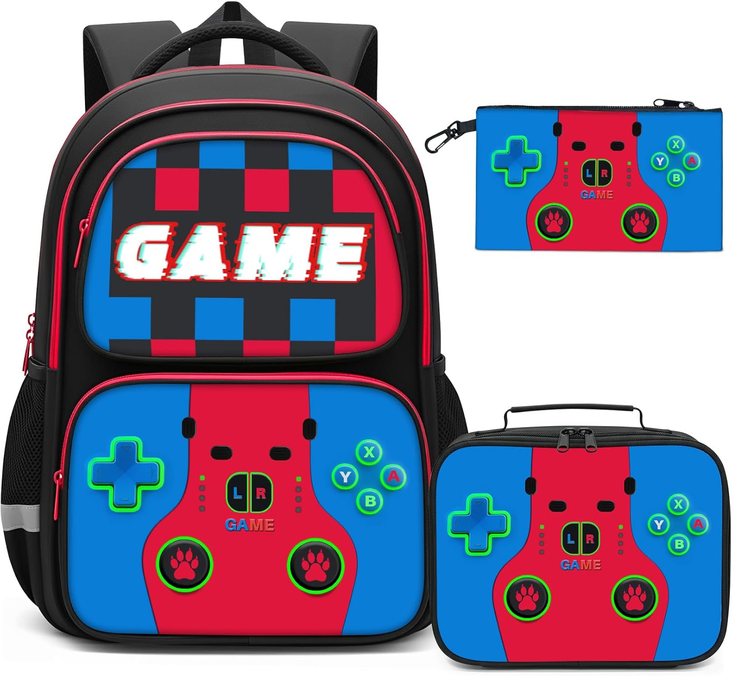 17 Inch Gaming Backpack 3pcs Set for Boys Teens - Video Game Themed School Bookbag with Insulated Lunch Box & Pencil Case, Lightweight Durable for Elementary Middle High School Daily Use