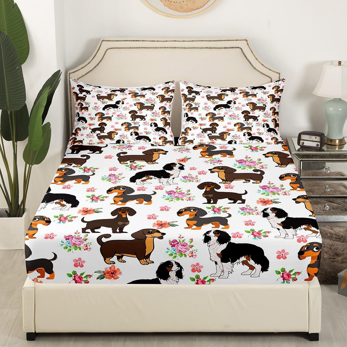 Feelyou Dachshund Duvet Cover Pink Floral Sausage Dog Sheet Set Cute Puppy Dog Sheets with Deep Pocket Fitted Sheet for Boys Girls Teens Cartoon Dachshund Puppy Bedding Set Queen Size Bed Set