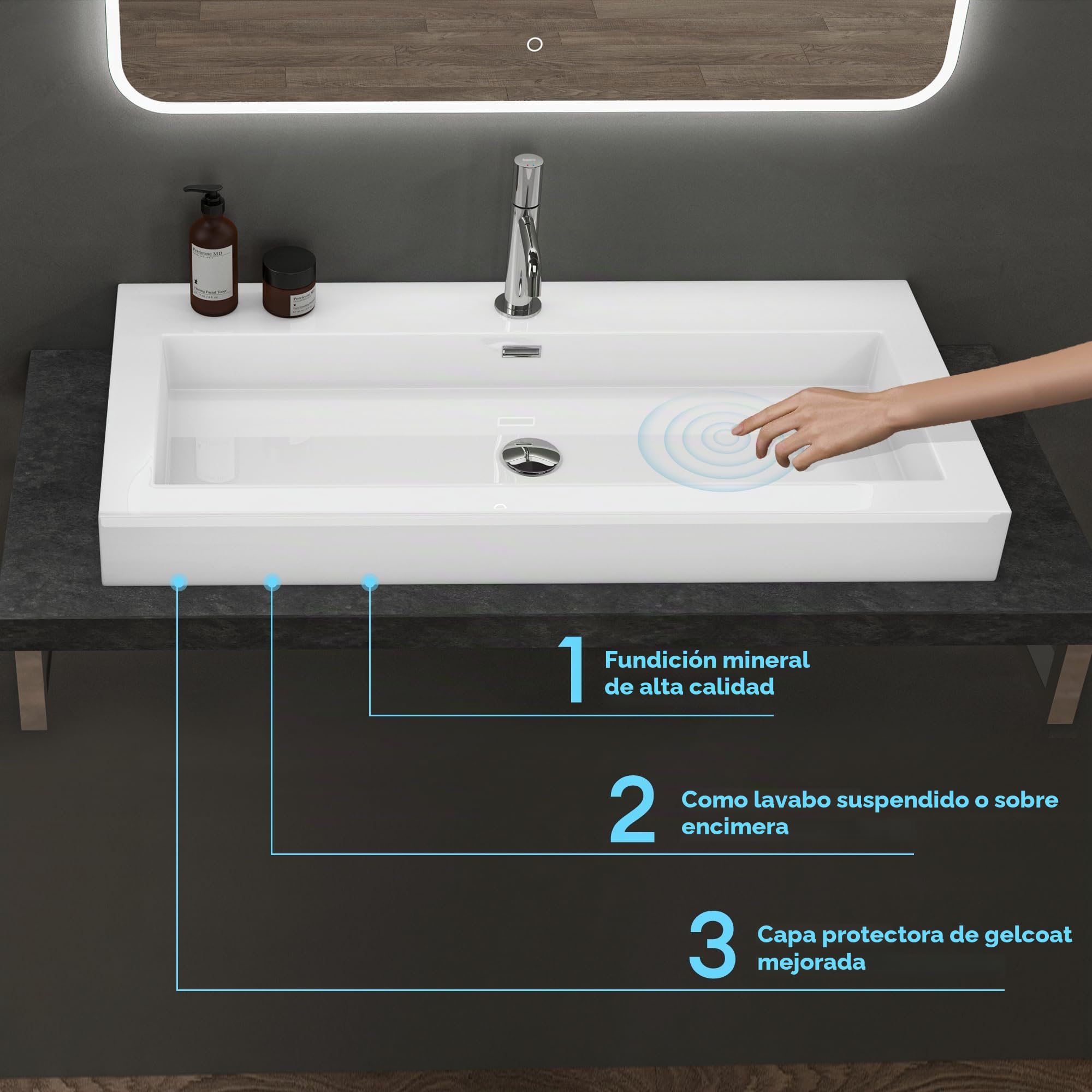 doporro Lavabo suspendido o lavabo sobre encimera blanco cuadrangular para lavamanos Colossum18-730 de 73cm de ancho Lavabo de mármol mineral fundido
