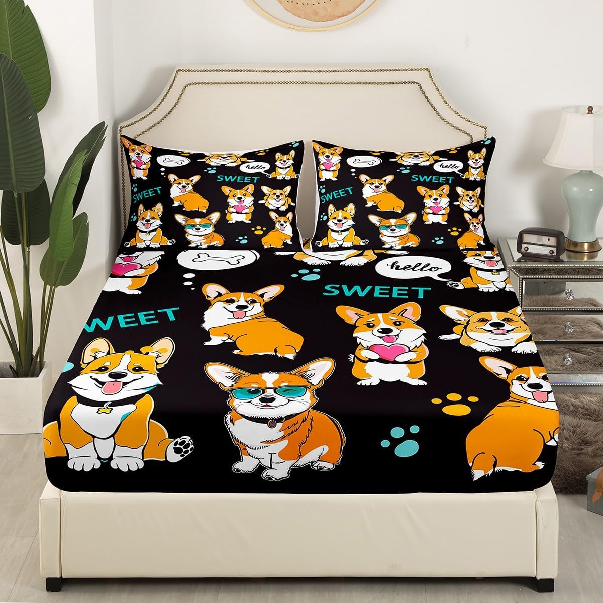 Erosebridal Queen Size Dog Themed Bed Linen Set, 3 Piece Set, Pastel Yellow, Brown, Animal Print, Microfiber, 1 Fitted Sheet, 2 Pillowcases