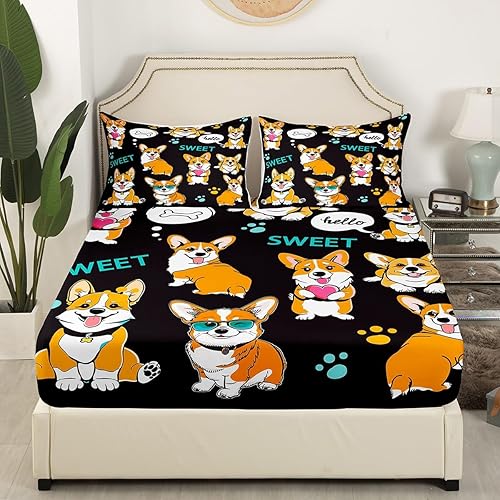 Miniatura 3 de Juego de sábanas para perros y cachorros, sábana bajera ajustable de animales para niños y niñas, lindo juego de ropa de cama de 2 piezas Shiba Inu