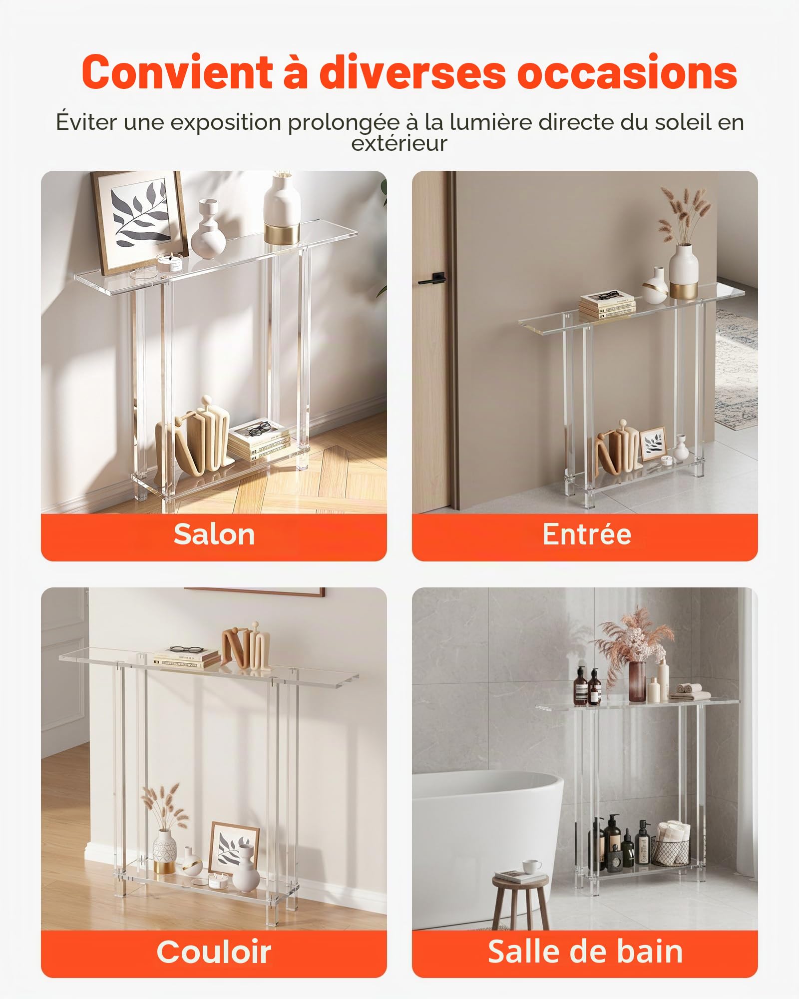 VEVOR Table Console en Acrylique, 19,3 x 100 x 80 cm, Table d'appoint étroit à 2 Niveaux avec Rangement Ouvert en Bas, Bureau d'entrée rectangulaire Moderne, pour Chambre, Couloir, Salon, Transparent