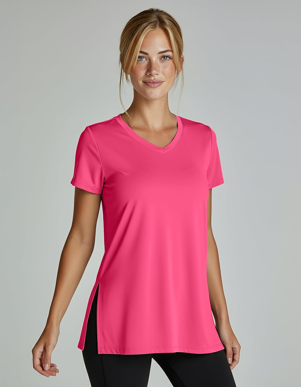 Real Essentials 5 Pack: Women's Short Sleeve Split Hem V-Neck T-Shirts, Athletic Tops, Gym, Workout, Yoga, Activewear (Plus)