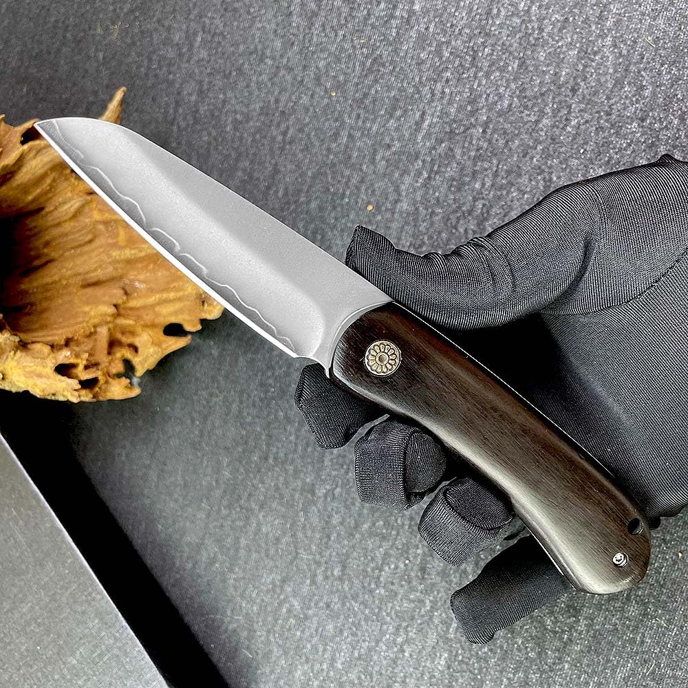 Klappmesser 7.3" Scharf Robust Taschenmesser aus Edelstahl Ebenholz, Dreilagiger stahl messer, Outdoor Edc Messer Survival Jagdmesser, tragbare camping messer, klein einhandmesser tanto mit holzgriff