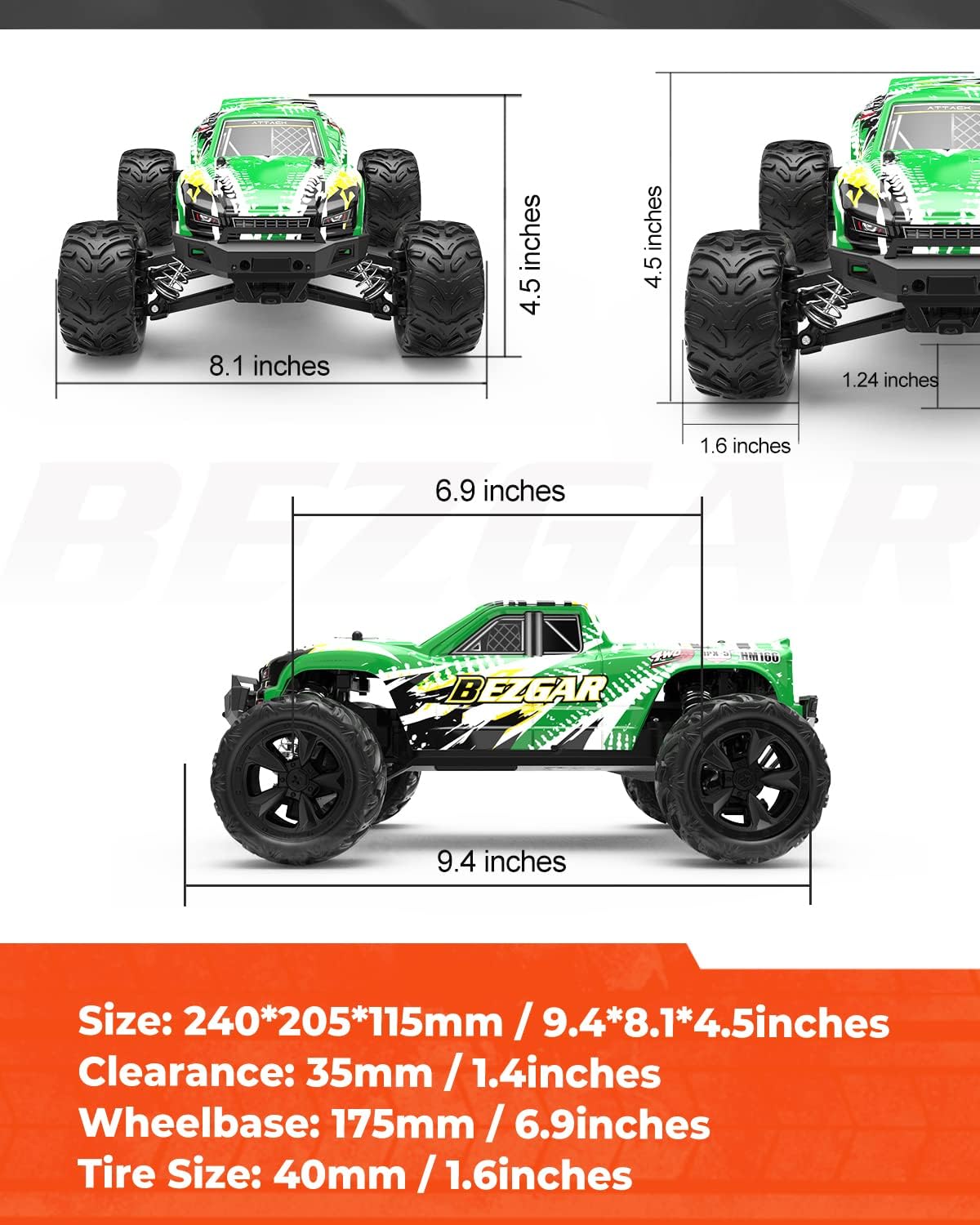BEZGAR HM166 Hobby Grade 1:16 Scale Fast Remote Control Cars, 4x4 Offroad Waterproof High Speed 40 Km/h All Terrains Rc Trucks Crawler with 2 Rechargeable Batteries for Boys Kids and Adults