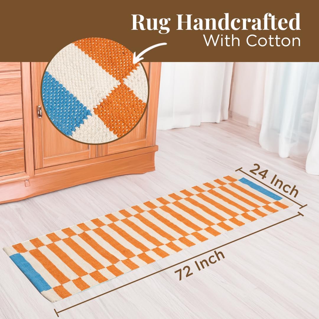 Folkulture Runner Rug for Hallway- (2x6 ft) | 100% Cotton, Washable, Water Absorbent Runner Rugs for Entry, Bedroom, Kitchen | Non Slip, Colorful Orange & Blue Stiped Floor Rug for Living Room