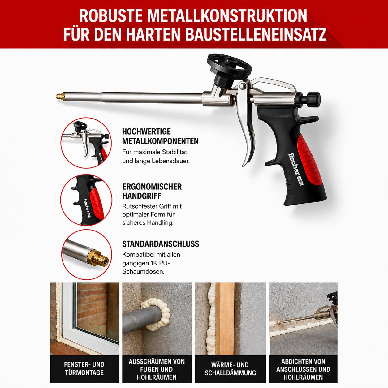 Pistola in metallo PUP M 3 Fischer | Pistola a schiuma | per schiume per pistola 1K | pistola a schiuma robusta per schiume PU | durevole in metallo | rossa | pistola per schiuma da costruzione per
