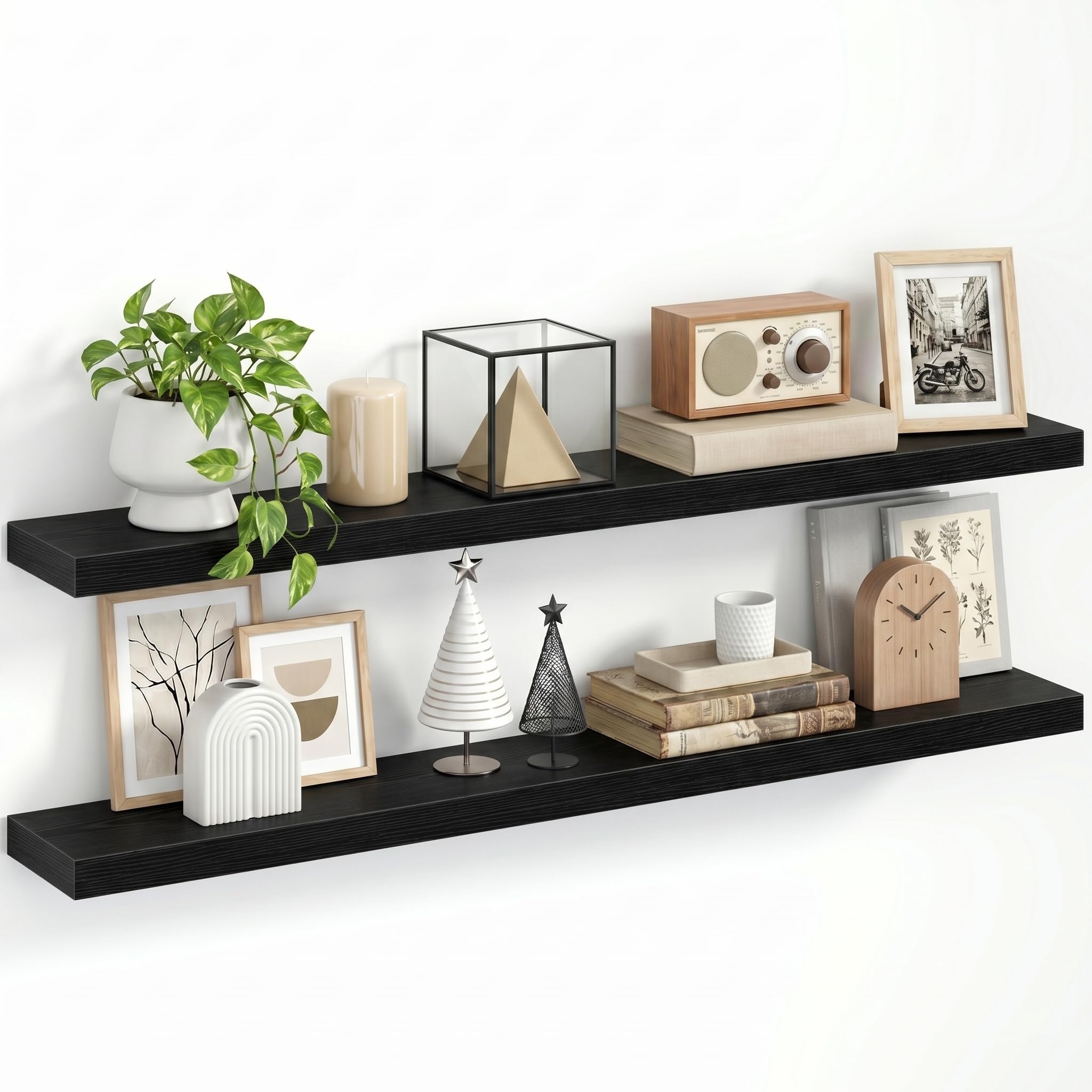 KovaScape 3.8cm Thick Floating Shelves for Wall, 120x16.5cm Wall Mounted Shelf, Wall Storage shelf,No Sag,Easy Install Wood Grain Shelf for Bedroom, Kitchen, Living Room & Hallway,Black,2 PCS