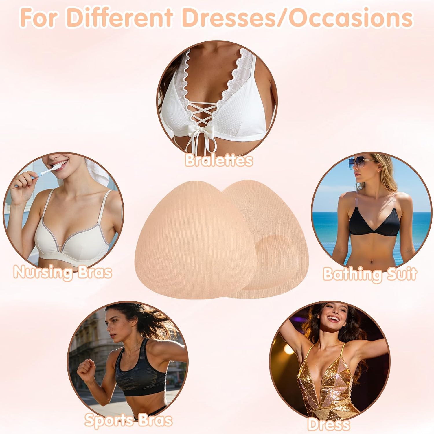 Bra Pads Inserts, Sports Cups Inserts Removable Bras Padding Push Up Sponge Bras Swimsuit Pads for Women A/B Cup Nude