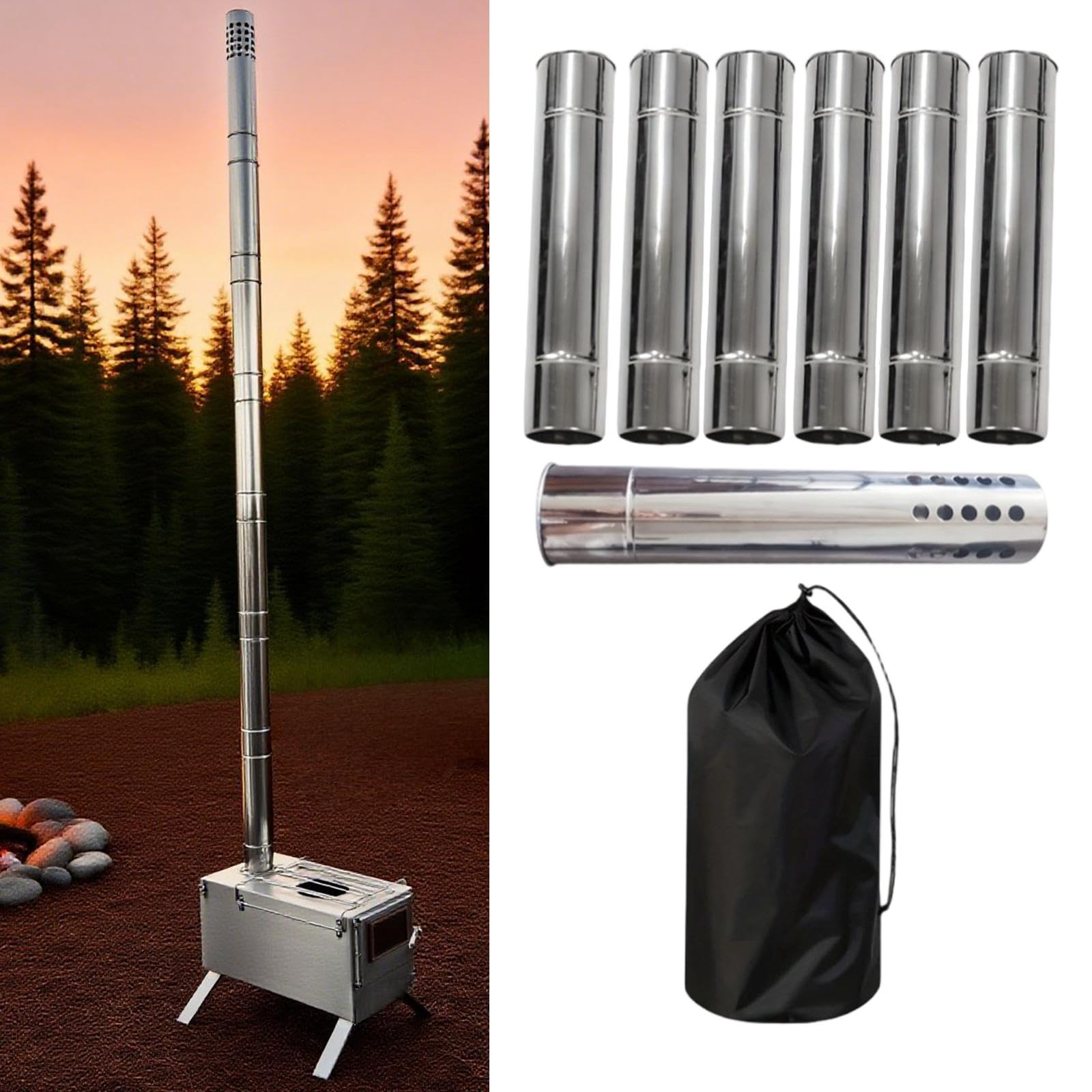 6 Tubos de Chimenea de Acero Inoxidable para Estufa de Camping, para Uso en Exteriores.