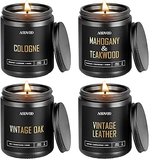 AOOVOO Scented Candles for Men - 4 Pack Candles for Home Scented, 28oz Soy Wax, 200 Hour Burn Time, Men Candle Set, Vntage Leather/Vntage Oak/Mahogany Teakwood/Cologne Candle Set