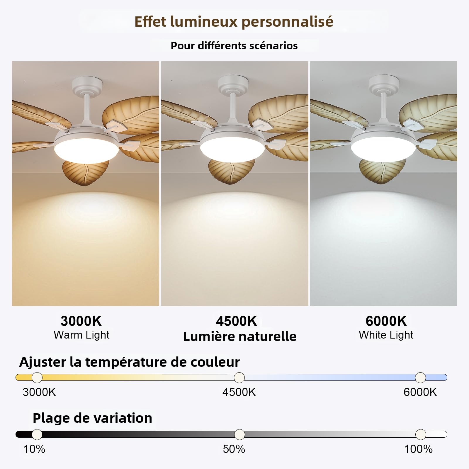 Kviflon 132 cm Moderno Ventilador de Techo con Luz, Diseño de Hoja de Palmera en Tono de Madera Clara, Control por Mando a Distancia o Aplicación, Reversibles, Zonas Exteriores Cubiertas.