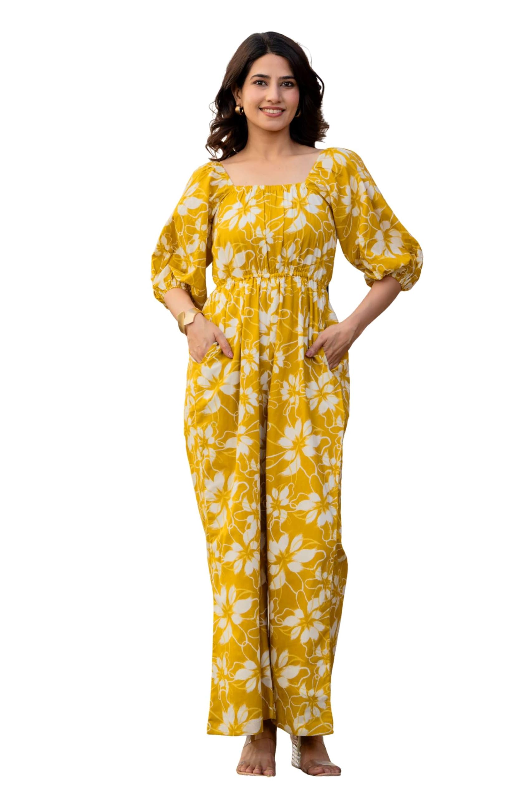 vaaki Women Mustard Yellow Floral Printed Cotton Jumpsuit | Square Neck, 3/4 Puff Sleeves | Casual & Summer Wear-picture-41