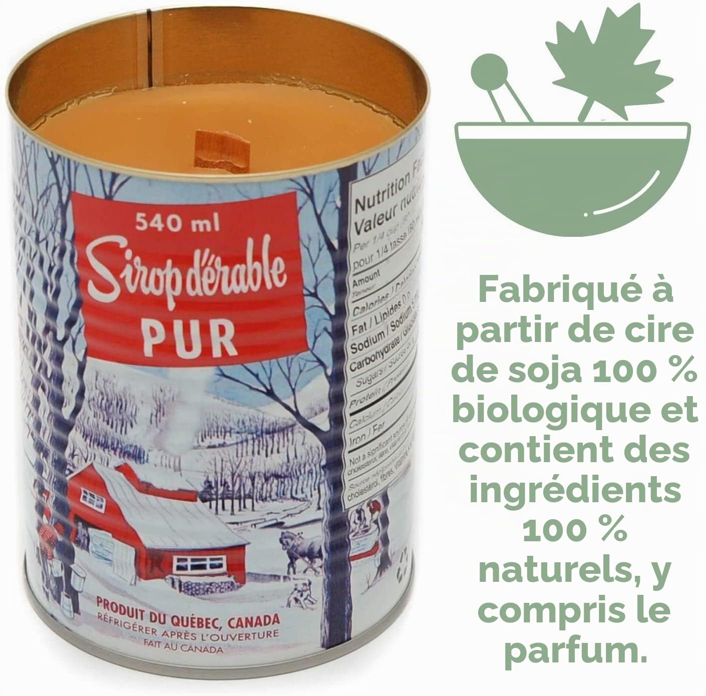 MapleFarm - Bougie parfumées au sirop d'érable en boîte traditionnelle canadienne. Mèche en bois. Maple syrup candle.