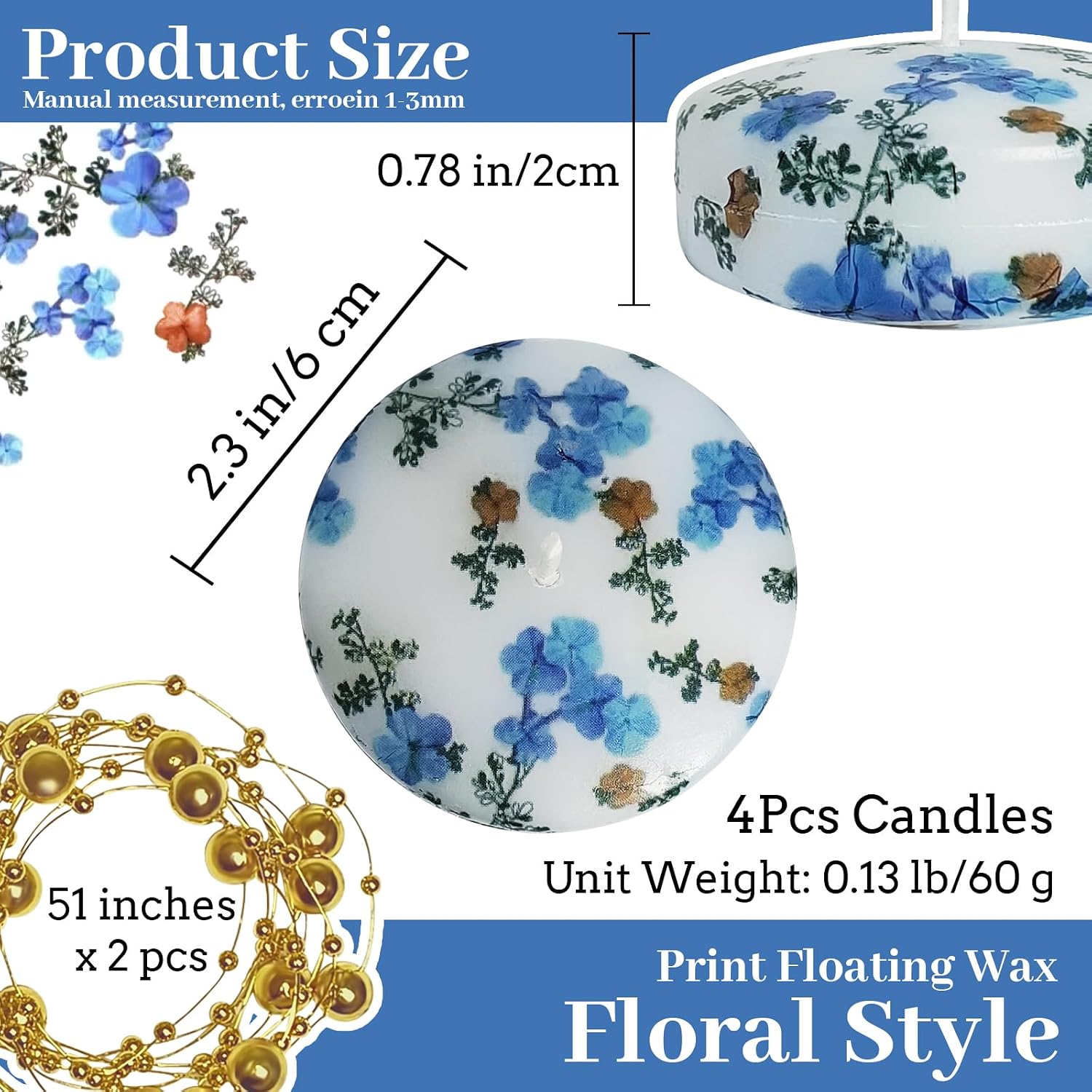 4 Pack Print Floating Candles 2 inch Floral Floating Candle Unique Unscented for Centerpieces Wedding Christmas Lights Romantic Night (Forget-me-not Flower Pattern)