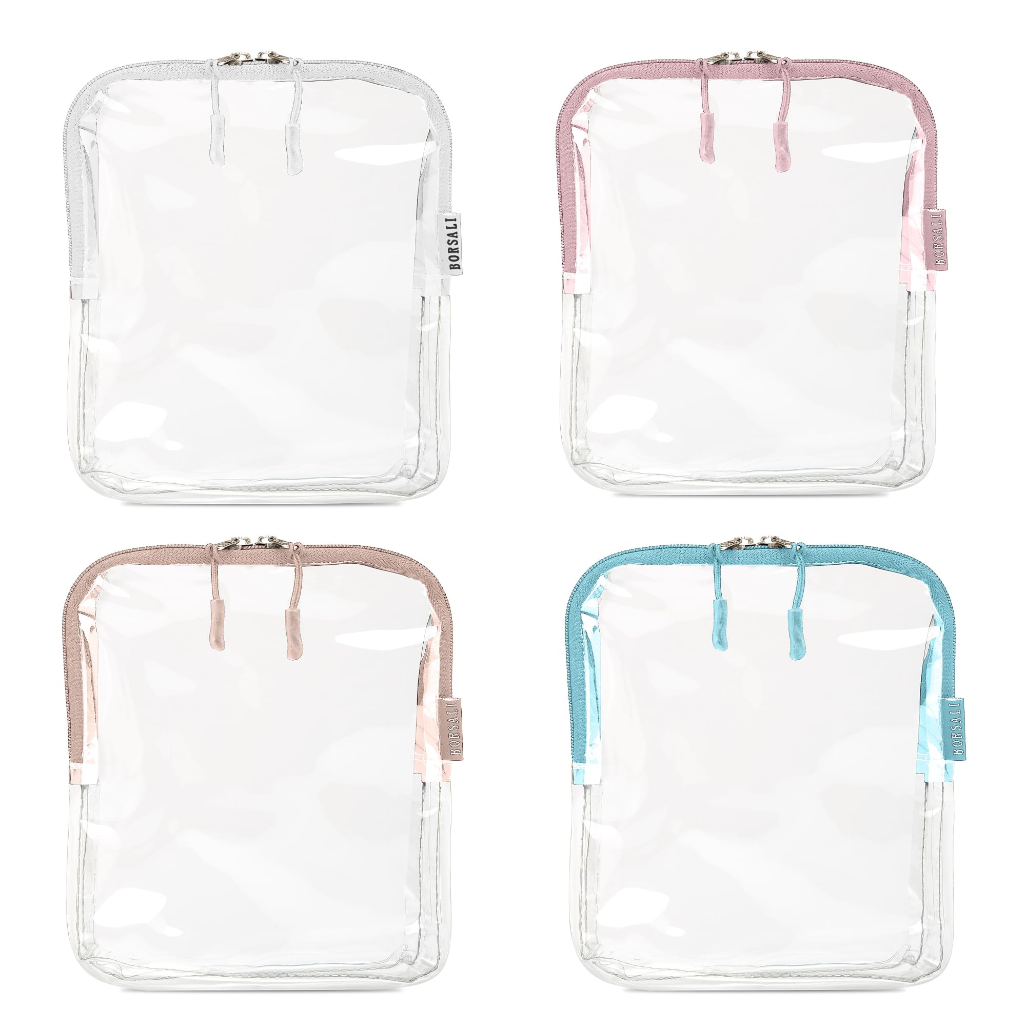 BORSALI TSA-Approved Clear Toiletry Bag Set of Four Colors. Breeze Through Security, Access Items Fast and Organize Travel items by Color