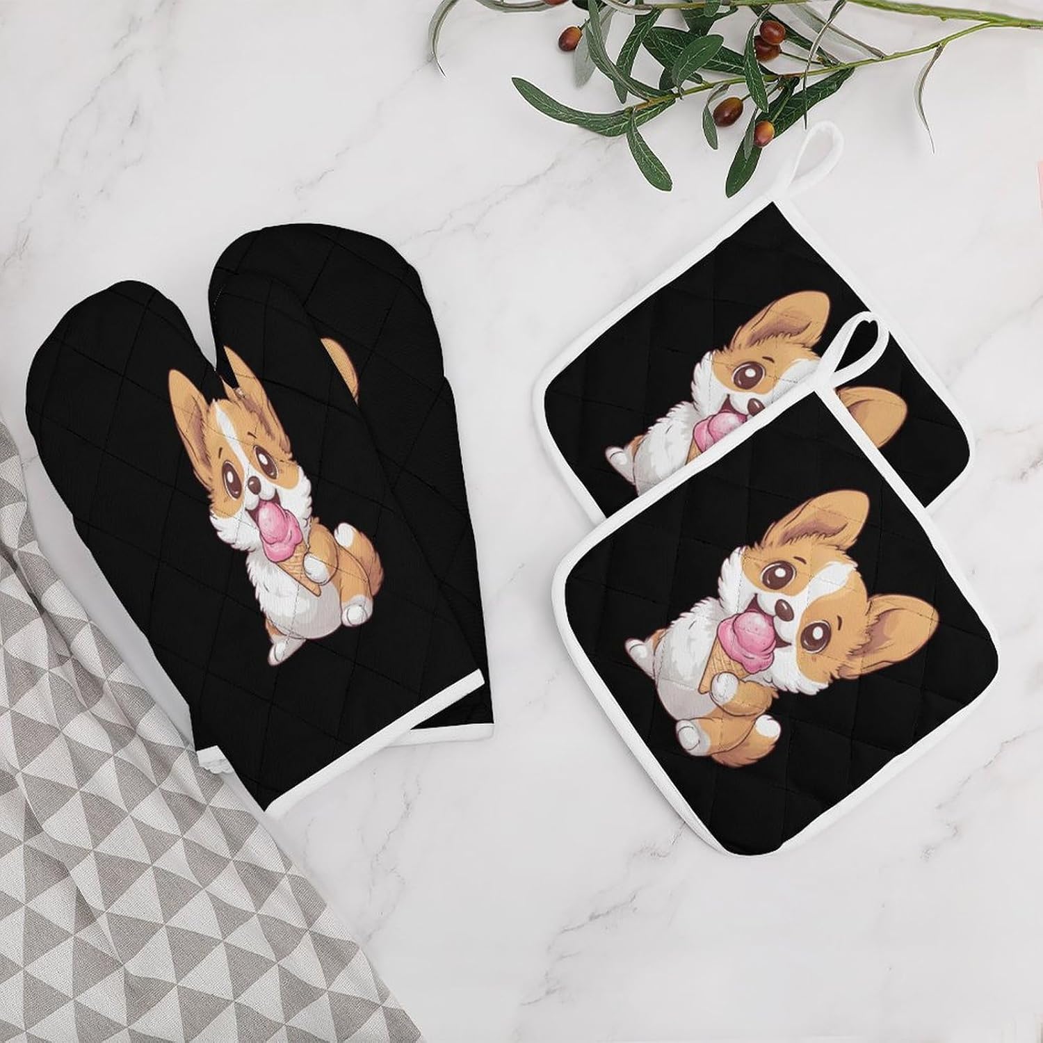 Corgi Puppy Eating Ice-Cream Oven Mitts and Pot Holders 4Pcs Set Heat Resistant Cooking Mitts Hot Pads