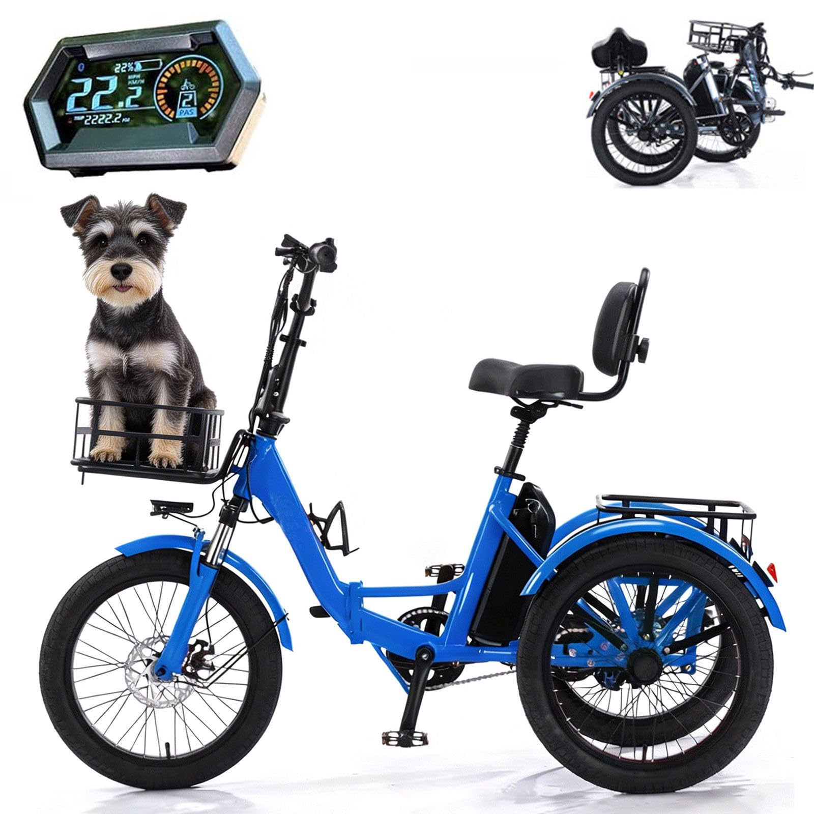Bici Elettrica A 3 Ruote Elettrica per Adulti Tre Ruote Elettrica con Cestino Portaoggetti Larghi, Facile da Scalare capacità di Carico 20Inch-Blue