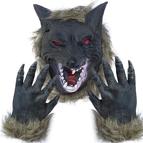 Holloween - Máscara de terror para fiesta, disfraz de hombre lobo, máscara de cabeza de lobo y garras, Gris