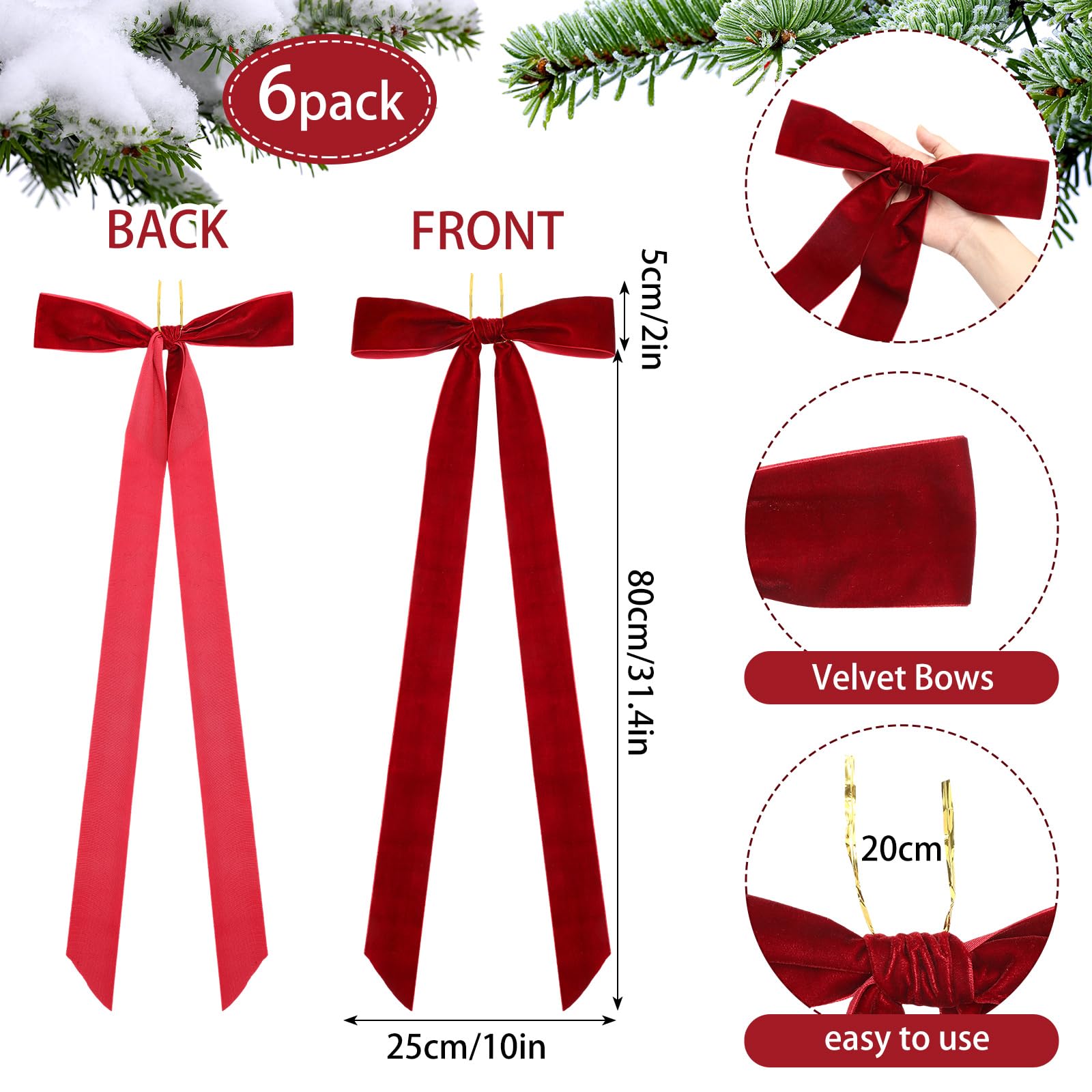 Yuxung 6 Pcs Large Velvet Christmas Wreath Bow 10'' x 33'' Burgundy Pre Tied Velvet Ribbon Bows Wired Red Christmas Tree Topper for Xmas Garland Home Door Outdoor Decorations(Red)