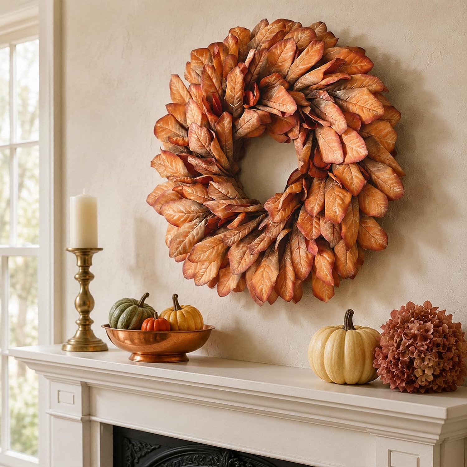 26" Artificial Fall Magnolia Leaf Wreath for Front Door Decoration (Orange) | Faux Magnolia Leaves Wreath Fake Plant Wreath, for Front Door Fireplace Wall Window Farmhouse Home Outdoor Autumn Decor